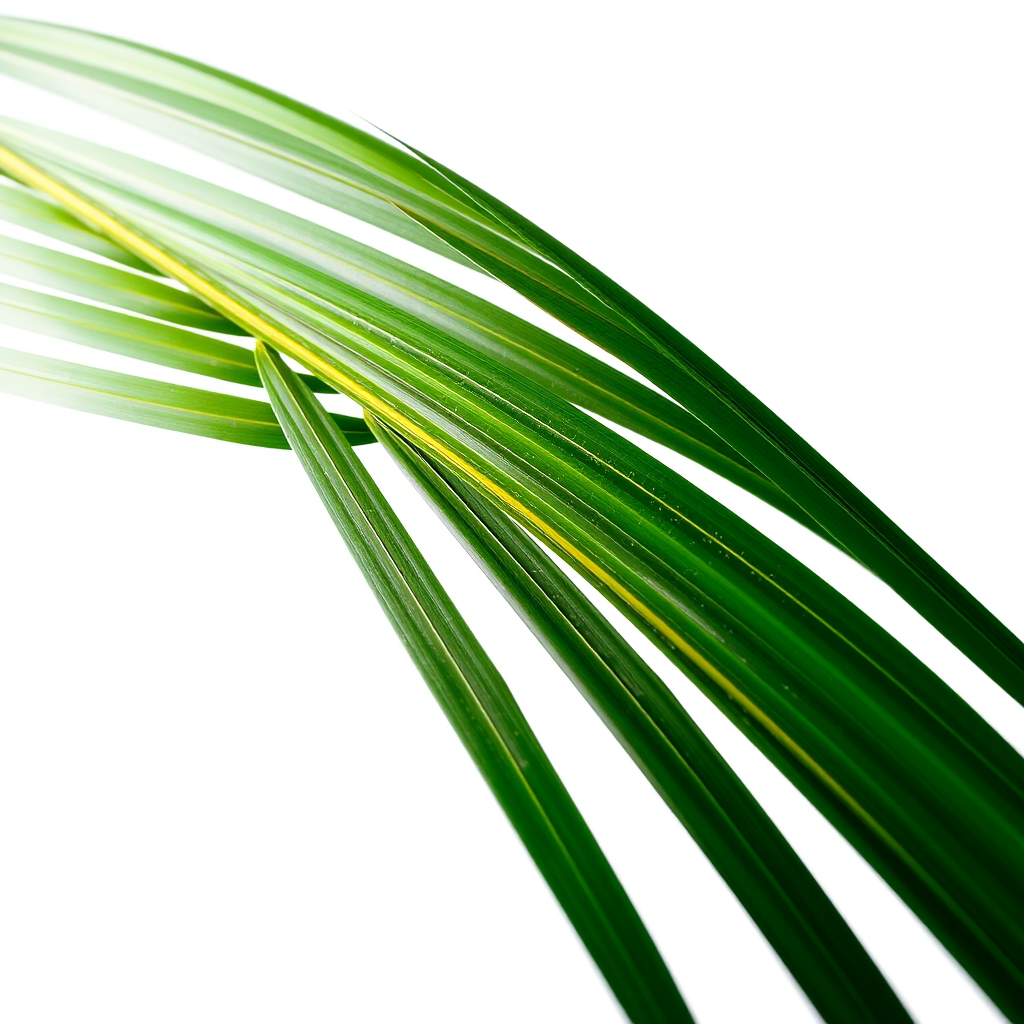 photograph of a green palm leaf on a white background, macro lens, f/2.8 aperture, ISO 100, shutter speed 1/200s, studio lighting, DSLR camera