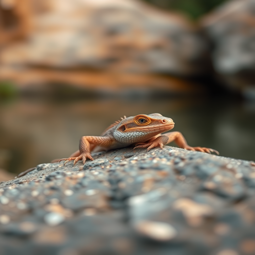 capture a close-up of a lizard resting on a rock by a body of water with a shallow depth of field, using a DSLR camera with a 50mm lens, aperture set to f/2.8, ISO 200, and a shutter speed of 1/200 sec for enhanced image quality and detail.