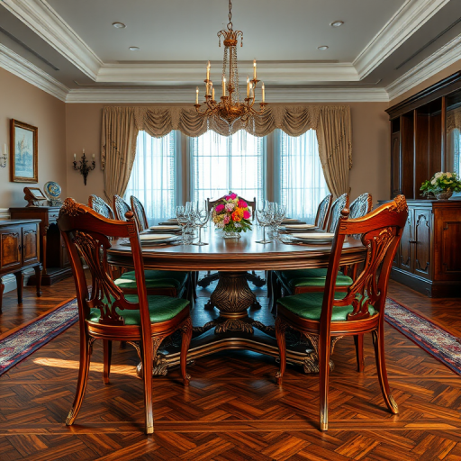 dining room with a large wooden table set for dinner, featuring chairs with intricate designs and polished finish, captured with a DSLR camera at f/2.8 aperture, ISO 100, 35mm lens, natural lighting, wide-angle view, high dynamic range for enhanced colors and details