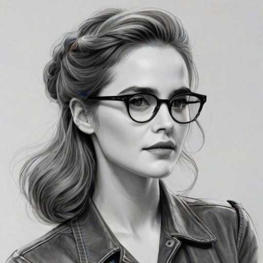 Captivating Zoey Deutch, pencil sketch, portrait of Beauteous woman 1943s in glasses, hair style beatnik, outline, clear lines, fine lines, 8k