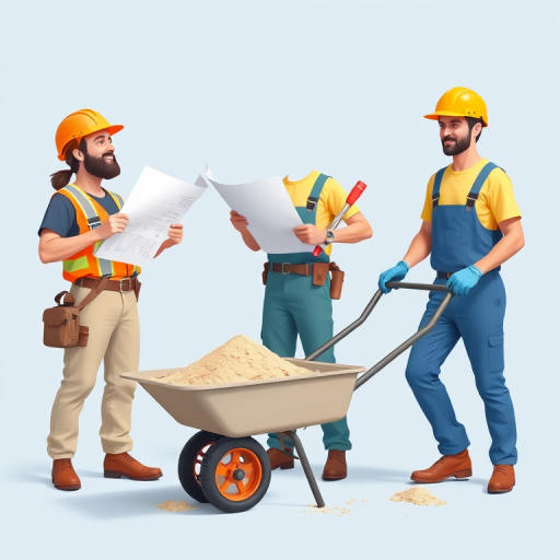 create an illustration of three construction workers on a light blue background, one holding blueprints, another with tools, and the third pushing a wheelbarrow filled with sand, use a Canon EOS R with a 24-70mm lens, aperture f/8, ISO 200, soft lighting to enhance details and colors, focus on vibrant uniform colors and dynamic poses