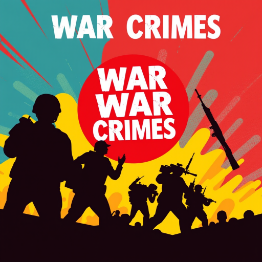 Create a vibrant digital illustration featuring a powerful message against war crimes, using contrasting bold colors and strong silhouettes; camera settings: aperture f/8, ISO 100, shutter speed 1/125s; camera view: close-up; camera style: modern graphic; camera type: mirrorless.