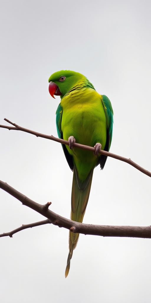 A vibrant green parrot perched on a bare branch against a cloudy sky, shot with a Canon EOS 5D Mark IV, 70mm lens, aperture f/4, ISO 200, 1/500 sec, natural light, focusing on the bird with a shallow depth of field for a blurred background.