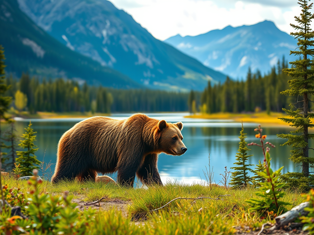Generate a high-resolution image of a majestic brown bear walking through a lush forest near a serene lake, with mountains in the background, using a DSLR camera, 50mm lens, f/2.8 aperture, ISO 100, and natural lighting to enhance the vibrant colors and details of the scene.
