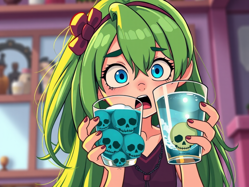 Create an illustration of a cartoon character with long green hair holding a glass of water with floating skulls, emphasizing a surprised expression, in vibrant colors, using a Canon EOS R5 camera with a 50mm f/1.2 lens, shot in natural light from a 45-degree angle to enhance detail and depth.