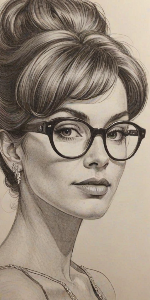 Enticing Hattie Winston, pencil sketch, portrait of Dazzling woman 1964s in glasses, hair style beatnik, outline, clear lines, fine lines, 8k