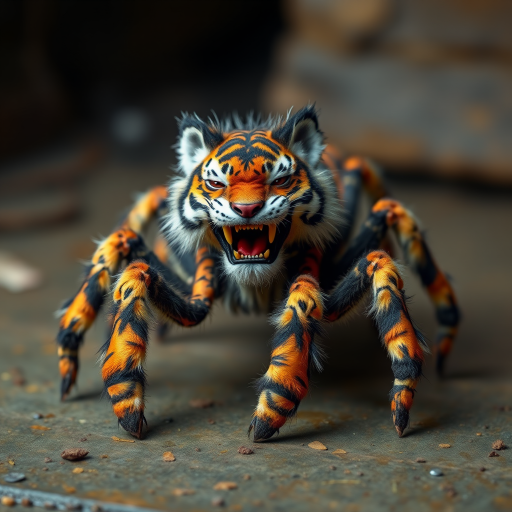 This charming yet frightening Spider Tiger features six legs, a hairy, furry body, and a cat-like tiger physique combined with an insectoid tiger head and tiger legs. The furry head further adds to the creature's unique appearance, creating a captivating blend of cuteness and fear that makes this six-legged, furry, insect-inspired tiger both adorable and scary.