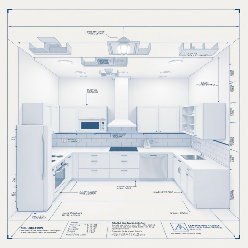 Create a detailed blueprint of a modern kitchen layout with labeled appliances, overhead lighting, and ample storage, using an isometric view, high resolution, 24mm lens, f/8 aperture, ISO 100, and natural lighting.