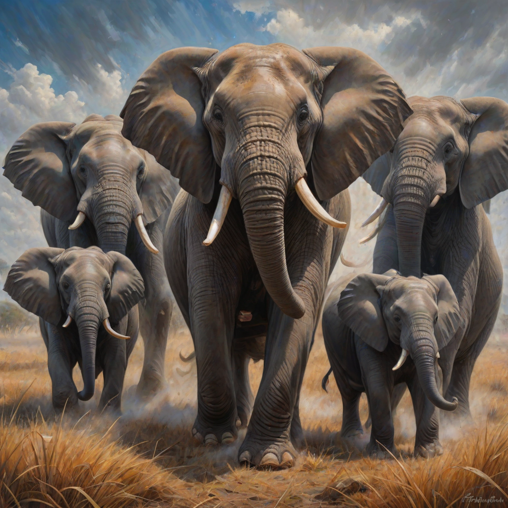 vivid colourful hyper-realistic Oil Painting. a charging group of many large angry elephants. A huge dominating bull elephant leads with huge white tusks ears. Includes a  baby elephant.  Lots of swirling dust whirling around them rising high and being kicked by their feet. Dark dramatic blue-grey fills the sky with warm breaking through. Colourful oil painting style. dry grass on the ground on each side. dark soft graduated band across top of picture. Warm colour. Art Look added in Topaz.
