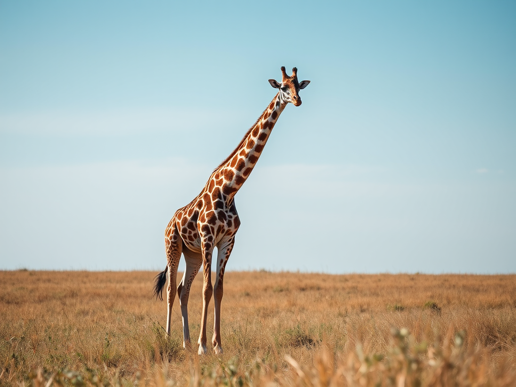 regenerate an image of two giraffes standing in a grassy field under a clear sky, use a DSLR camera with a 50mm lens, aperture f/8, ISO 200, shutter speed 1/500s, shot from a low angle to emphasize their height and the surrounding grassland.