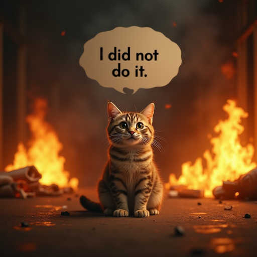 Photorealistic image of an innocent-looking cat sitting calmly in the middle of a burning room. Flames engulf the room, with fire licking up the walls and smoke filling the air. The cat is sitting on the floor, looking directly at the viewer with wide, innocent eyes. Above the cat, a speech bubble says "I did not do it". The contrast between the cat's calm demeanor and the chaos around it creates a humorous and surreal scene.