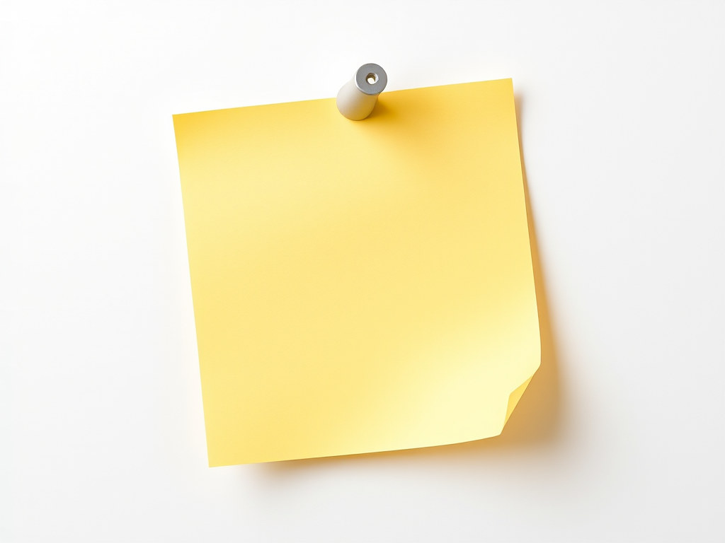 Generate an image of a yellow sticky note pinned to a white background with a slight shadow, using a DSLR camera with a 50mm lens at f/2.8, ISO 100, and a shallow depth of field, captured from a top-down angle.