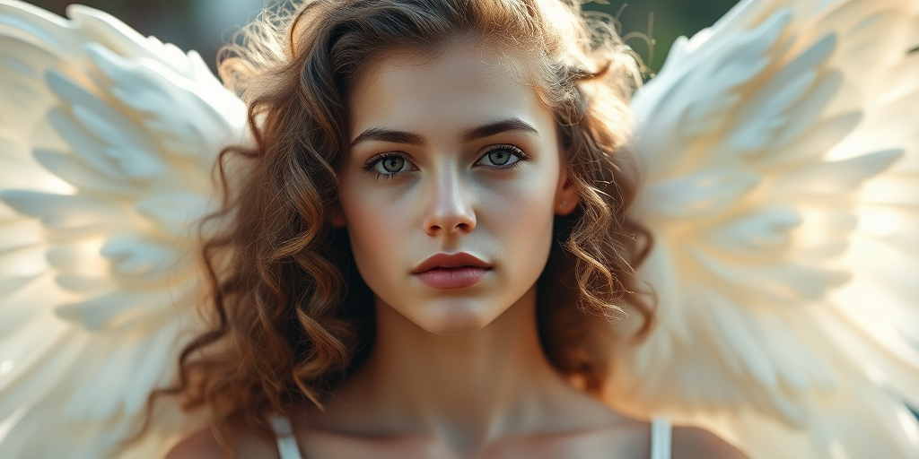 Create a portrait of a beautiful young woman with curly hair and angel wings, soft natural lighting, focal length 50mm, aperture f/1.8, ISO 100, use a DSLR camera, shallow depth of field, shoot from a slightly low angle for a dramatic effect.
