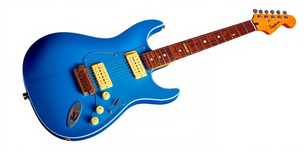 Generate an illustration of an electric guitar with a vivid blue body, detailed components, and a focus on the neck and headstock, using a DSLR camera with a 50mm lens, aperture f/2.8, ISO 100, and a bright studio lighting setup for high clarity and vibrant colors.
