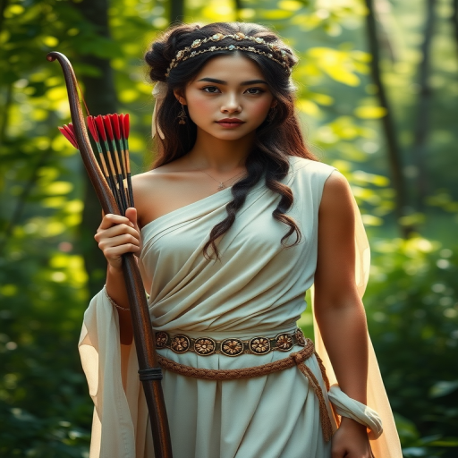 Create a portrait of a goddess-like First Nations girl figure in a tranquil, forested environment. She has an elegant appearance with long, wavy hair styled in an updo and adorned with a delicate, floral headband. She wears a flowing, ancient Greek-inspired gown in a soft, pale color, featuring a one-shoulder design and draped fabric that accentuates her graceful form. The outfit includes a decorative belt with ornate gold detailing, and she holds a bow in her hand, with a quiver of arrows slung over her shoulder. The background depicts lush greenery, with sunlight filtering through the trees, casting a gentle, ethereal light on the scene. Her expression is calm and contemplative, embodying a sense of wisdom and serenity.