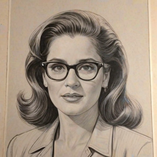 Gorgeous Lorraine Bracco, pencil sketch, portrait of Dazzling woman 1947s in glasses, hair style beatnik, outline, clear lines, fine lines, 8k