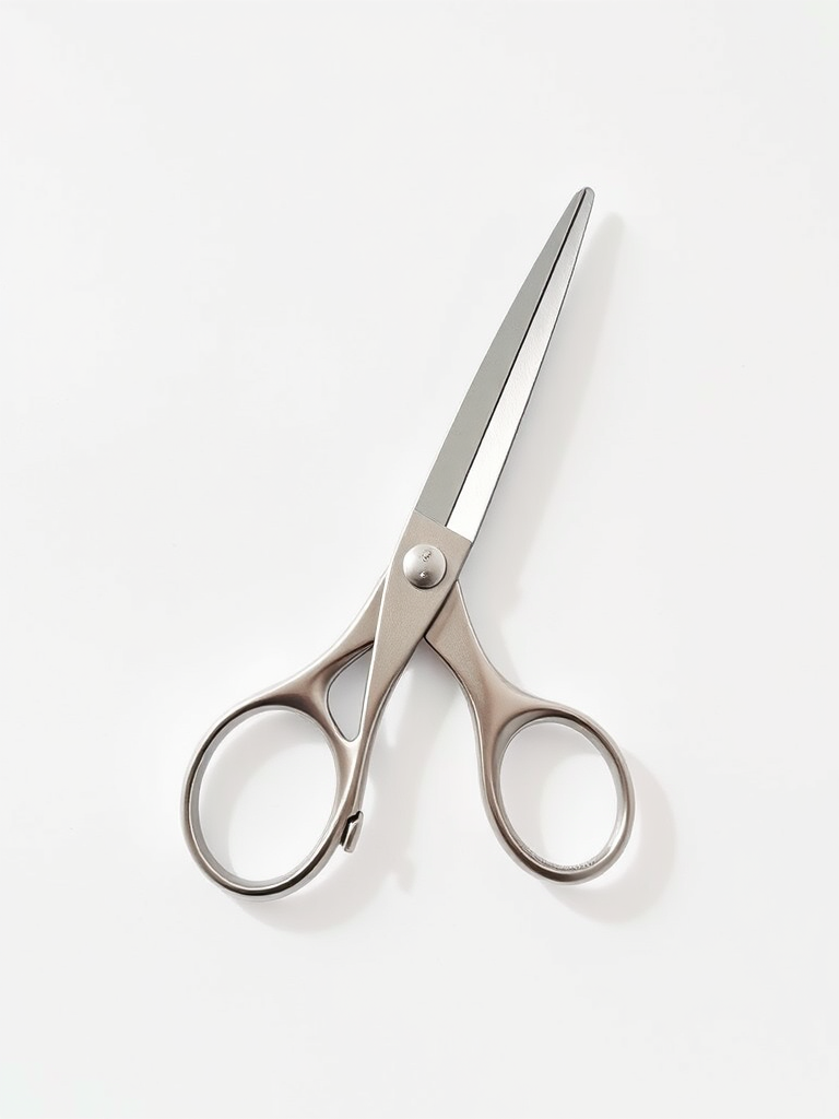 Create a high-quality image of a pair of scissors with a clean white background, using a Canon EOS R5, with a 50mm f/1.8 lens, aperture set to f/2.8, ISO 100, and natural light to enhance clarity and detail.