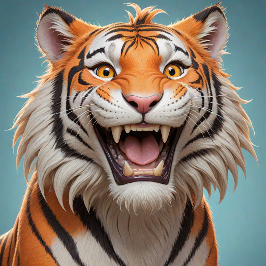 Disney style, cartoon illustration of an orange and white tiger with messy hair smiling very wide open mouth showing, in the Disney Pixar animation style, in the style of Don Bluth, full teeth body, with a very detailed face, very detailed eyes, very detailed fur, full color, very colorful, with a very colorful background, soft pastel colors, high resolution, high quality, high detail, hyper realistic