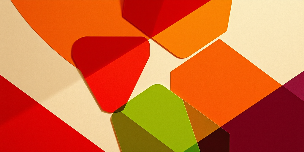 Create a vibrant abstract design featuring overlapping geometric shapes in warm colors like red, orange, and green, with a soft beige background, taken with a DSLR camera at f/8, ISO 100, 50mm lens, top-down view, and enhanced with natural lighting to emphasize depth and contrast.