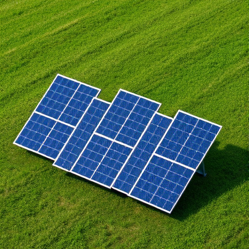 Generate an illustration of four solar panels on a grassy patch of ground, captured with a Canon EOS R5 at f/8, ISO 100, 1/125s, using a balanced composition and soft lighting for clarity.