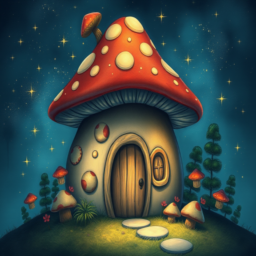 imagine illustration of a mushroom house with a door and a window, a storybook , fantasy art, mushroom house, bg starry sky, sparkles