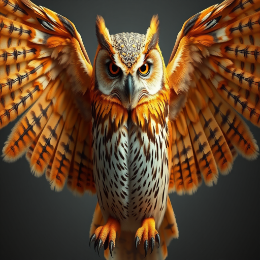 Create a highly detailed and realistic 3D rendering of a golden owl with large, outstretched wings, focusing on intricate feather textures and reflections, captured with a Canon EOS R5, using a 50mm f/1.2 lens at f/2.8, ISO 100, and a shutter speed of 1/200s, in a soft, diffused light setting.