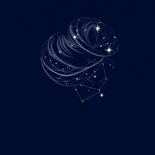 Celestial constellation map etched in shimmering silver against a backdrop of deepest navy, styled in an elegant updo with twinkling star accents