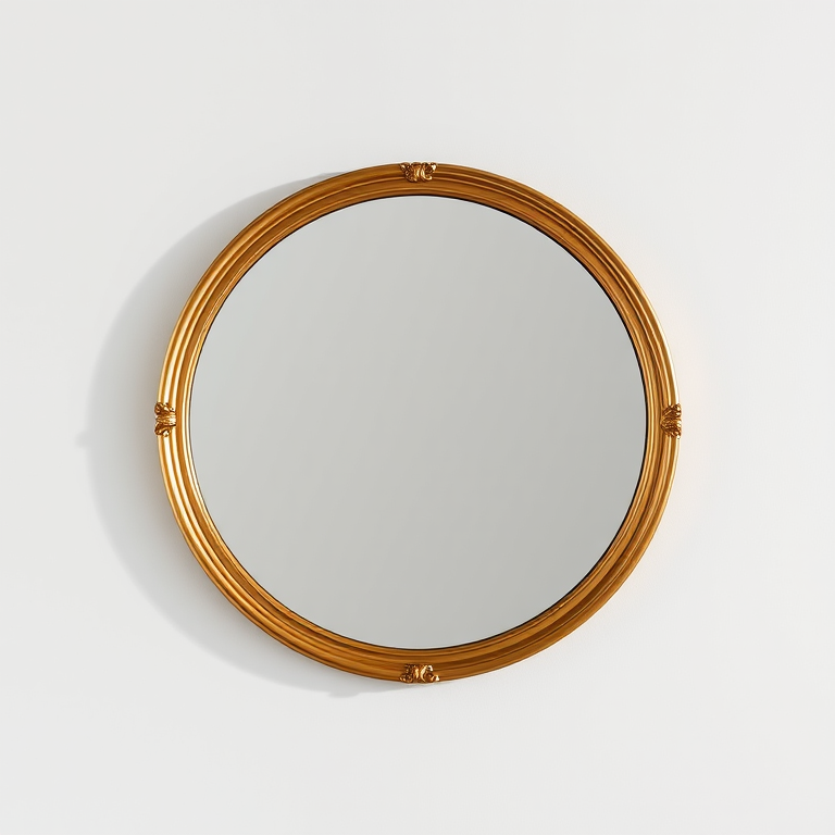 Create a realistic high-resolution image of a round mirror with a gold frame, shot using a DSLR camera with a 50mm lens at f/2.8, ISO 100, in natural daylight from a frontal view.