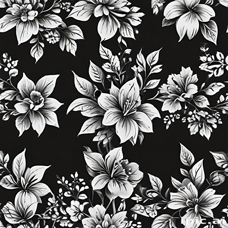 Elegant Black and White Floral Pattern with Lush Blossoms and Leaves.