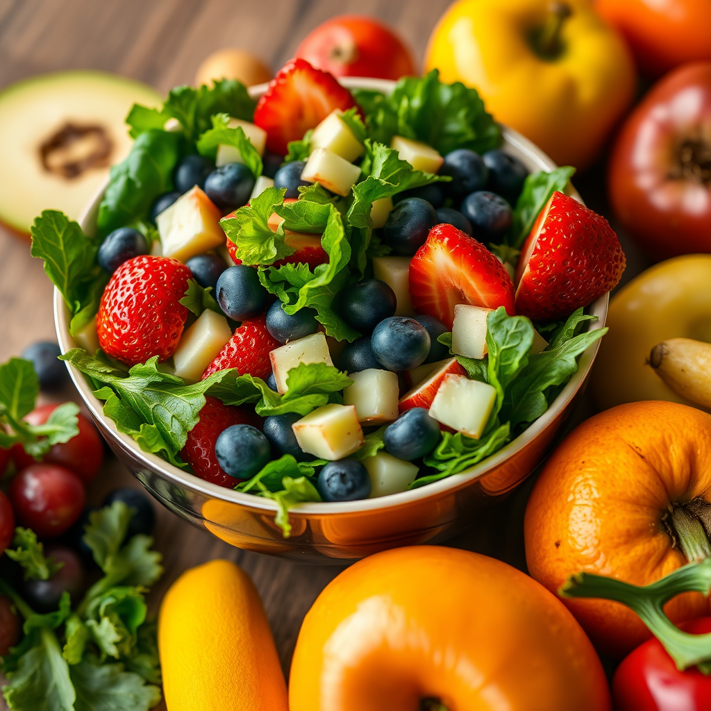 A vibrant close-up of a fresh salad bowl filled with mixed greens, strawberries, blueberries, and diced apples, surrounded by an array of colorful fruits on a wooden table, captured with a Canon EOS R5, 50mm lens, f/1.8 aperture, ISO 100, natural light to enhance colors and details.