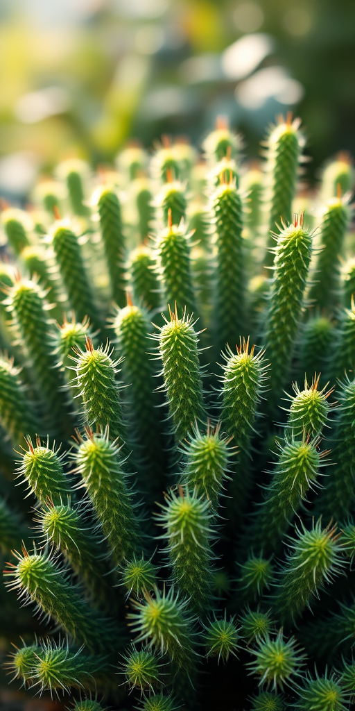 generate a high-resolution illustration of a vibrant cluster of green spiky plants with fine details in a well-lit environment using a DSLR camera, 50mm lens, f/2.8 aperture, ISO 100, and soft natural lighting for enhanced clarity and contrast