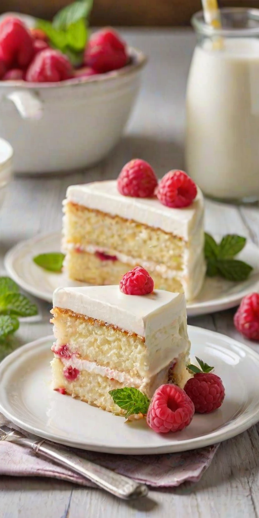 Create an image of a slice of moist vanilla cake layered with creamy frosting, topped with a fresh raspberry and a sprig of mint. Place the slice on a white plate with a fork beside it. In the background, include a bowl of raspberries and a glass of milk, with a soft focus on the cake. The setting should have a bright, inviting atmosphere.