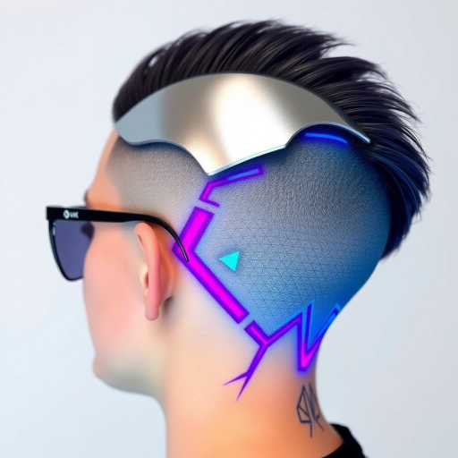 Futuristic Cyberpunk Undercut exhibiting a sleek silver metallic top section contrasting with neon blue and purple shaved sides intricately patterned with geometric designs