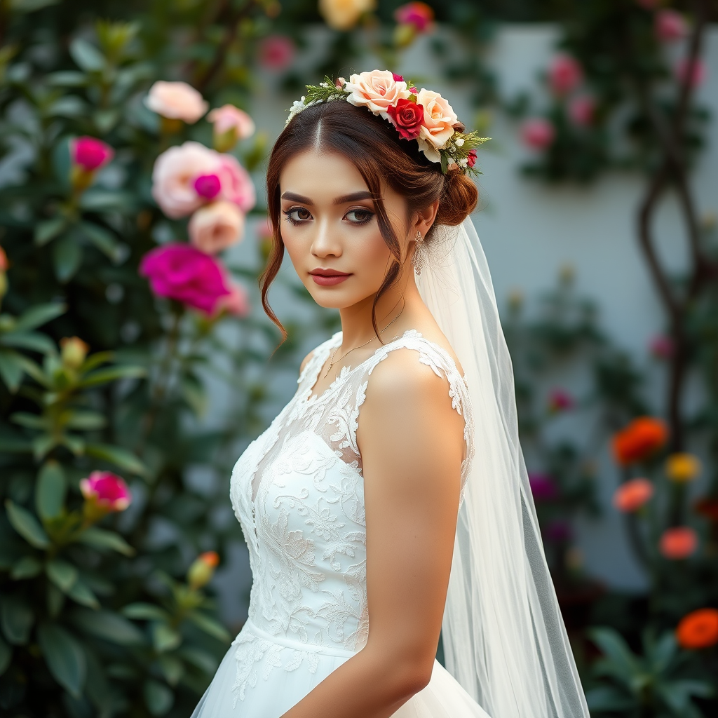 Garden scene, bridal model, delicate lace gown, floral headpiece, soft romantic focus, high-key lighting and an 85mm lens for soft, even tones that highlight the model’s face and bright outfit against a white or light background