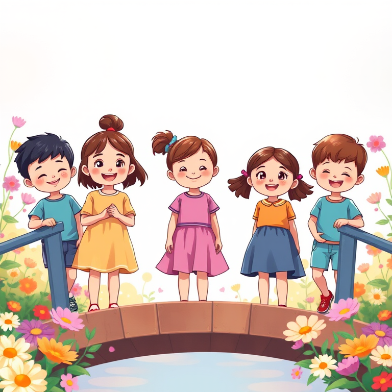 Create an illustration of five cheerful children of diverse backgrounds standing on a bridge surrounded by flowers, with a bright and colorful background, shot with a Canon EOS R5, 50mm lens, f/1.8 aperture, ISO 100, natural lighting, vibrant color grading.