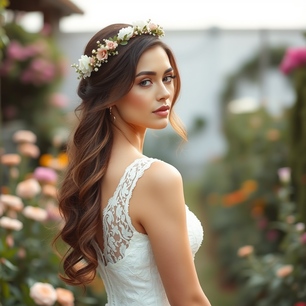 Garden scene, bridal model, delicate lace gown, floral headpiece, soft romantic focus, high-key lighting and an 85mm lens for soft, even tones that highlight the model’s face and bright outfit against a white or light background