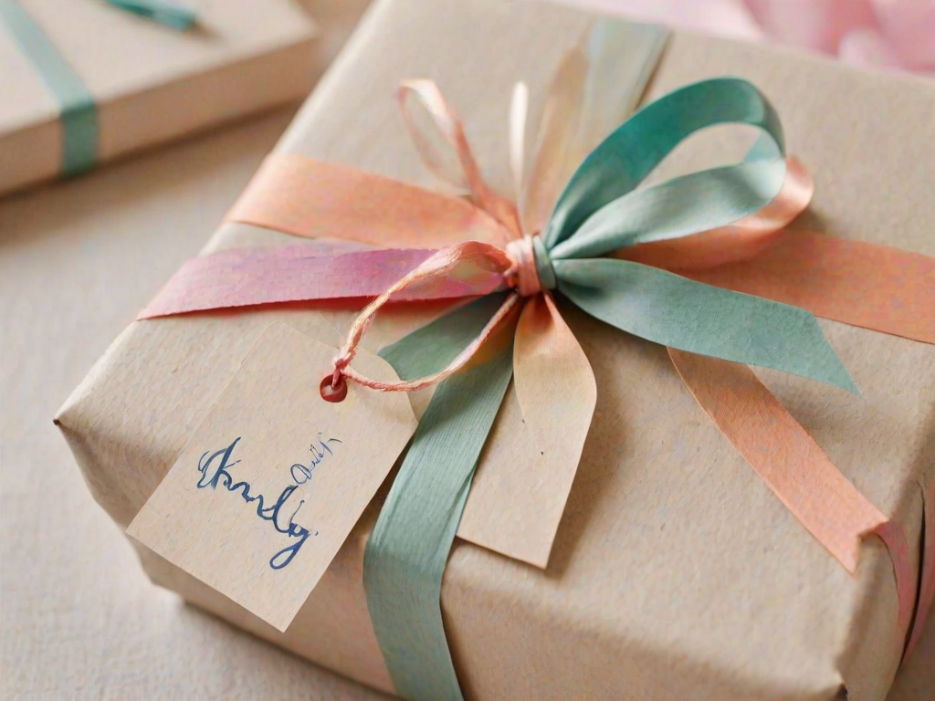 Close-up of a beautifully wrapped gift with a delicate bow, soft light highlighting the colorful paper and a handwritten tag resting on top.