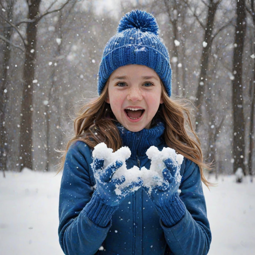 A hyperdetailed photorealistic macro image black and white pencil sketch of a young girl getting hit by a snowball during a snowball fight. She is wearing a brilliant sapphire blue wool beanie and bright blue mittens. She is trying to block the snowball by putting her hands up. The snowball hits her beanie and disintegrates into myriad tiny snowflakes caught with high speed photography. The girl is laughing and having a wonderful time.