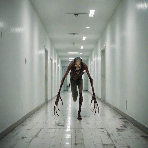 a crooked male with long arms and a creepy smile is crawling along a long white corridor and you can also see cockroaches in it there is a creepy atmosphere creepy art style