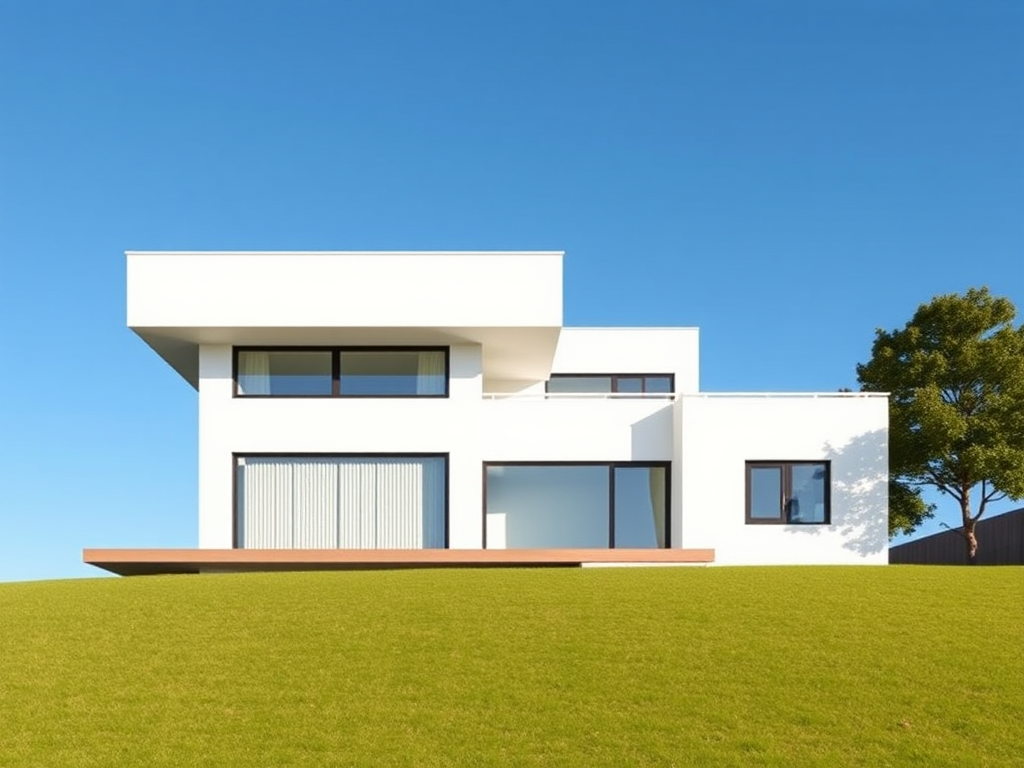 Create a high-resolution vector illustration of a minimalist house design with a flat roof and large windows, captured with a Canon EOS R5, 35mm lens, aperture f/8, ISO 100, and a slightly elevated view to emphasize the structure against a clear blue sky.
