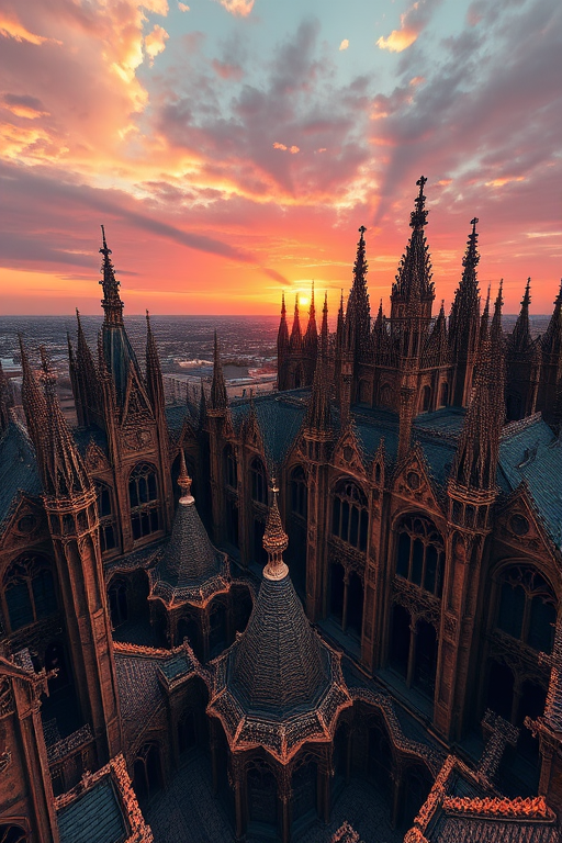 Create a high-resolution fractal landscape featuring intricate geometric structures with gothic architecture under a dramatic sunset sky, shot with a DSLR camera at f/8, ISO 100, 24mm lens, wide-angle view, soft focus effect for enhanced depth.