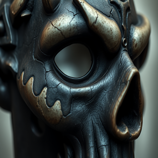 highly detailed close-up of an intricately designed dark fantasy mask with a weathered texture, showing fine cracks and an eerie hollow eye socket, soft diffused lighting, 50mm lens, f/1.8 aperture, ISO 100, shallow depth of field, captured with a full-frame DSLR camera