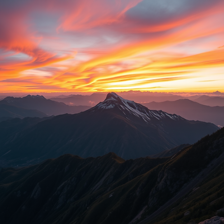 Generate an image of a serene mountain landscape during sunset with vibrant colors in the sky, captured with a Canon EOS R5, 24mm lens, aperture f/11, ISO 100, in landscape orientation using a wide-angle perspective.