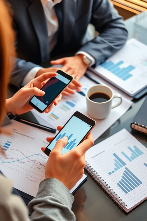 Create a business workspace scene with a person using a smartphone, surrounded by notebooks and a coffee cup, incorporate digital graphics like charts and icons, shot with a 50mm lens at f/1.8, ISO 100, 1/200 sec exposure, golden hour lighting to enhance warmth and clarity.
