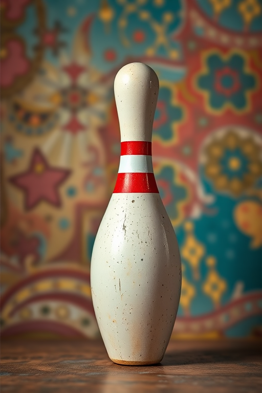 A vintage bowling pin on a textured, colorful background, soft focus, 50mm lens, aperture f/1.8, ISO 100, natural lighting, shallow depth of field, DSLR camera.