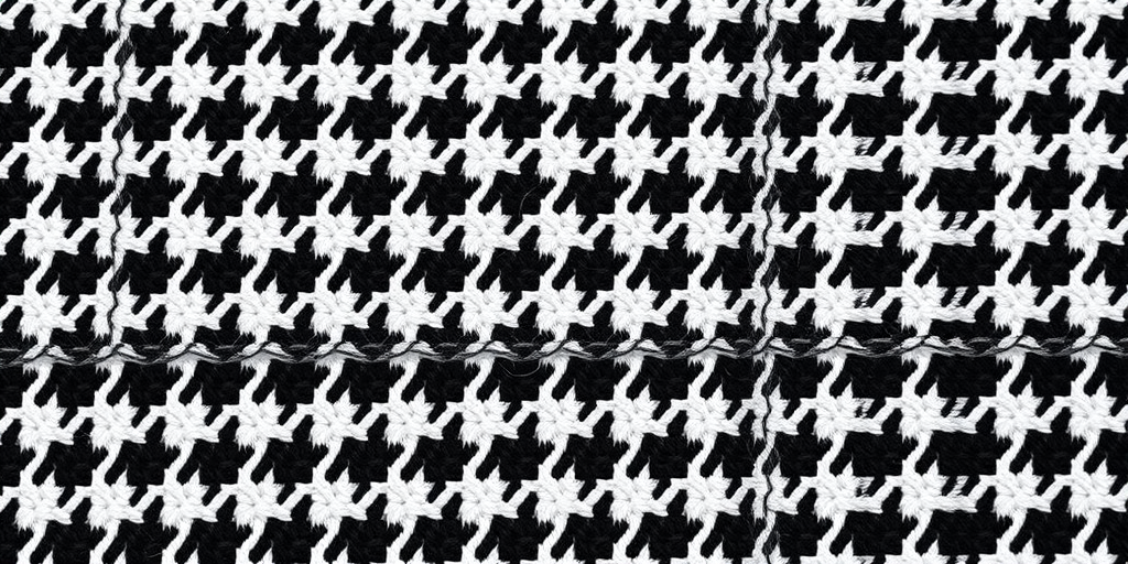 Create a high-resolution image of a houndstooth pattern in black and white, using a DSLR camera with a 50mm lens at f/8, ISO 100, and a shutter speed of 1/125 sec, shot from a top-down view to enhance texture and detail.