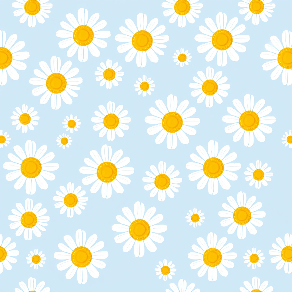 Create a seamless pattern featuring a light blue background filled with white daisies. Each daisy should have a bright yellow center and a simple, clean design. The flowers should be evenly spaced, creating a harmonious and cheerful floral pattern.