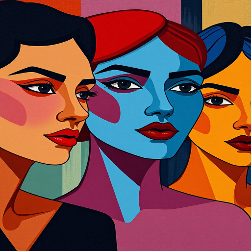 regenerate the image of three stylized women in a cubist art style, using a Canon EOS R5 with an 85mm f/1.2 lens, aperture f/2.8, shutter speed 1/125s, ISO 100, natural lighting, high dynamic range, and vibrant color saturation for enhanced clarity and detail