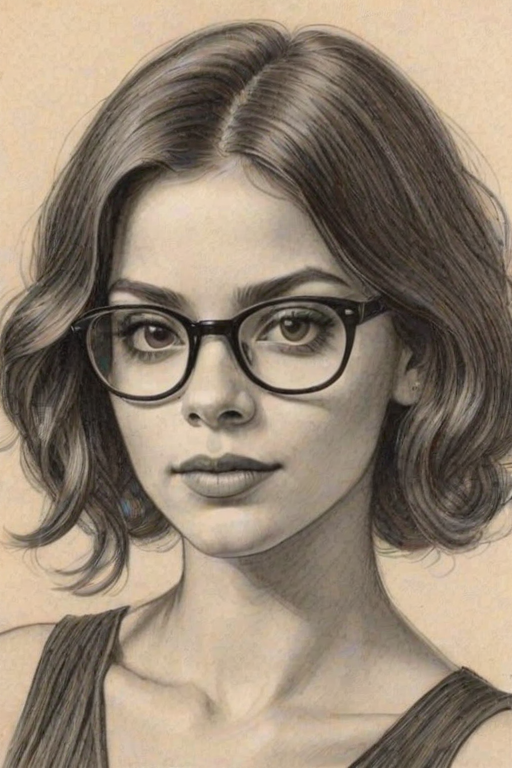 Magnificent Anabelle Acosta, pencil sketch, portrait of Bewitching woman 1922s in glasses, hair style beatnik, outline, clear lines, fine lines, 8k