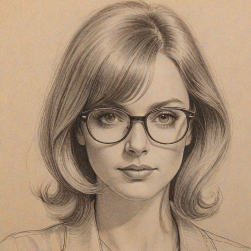 Bewitching Annie Jacob, pencil sketch, portrait of Captivating woman 1970s in glasses, hair style beatnik, outline, clear lines, fine lines, 8k